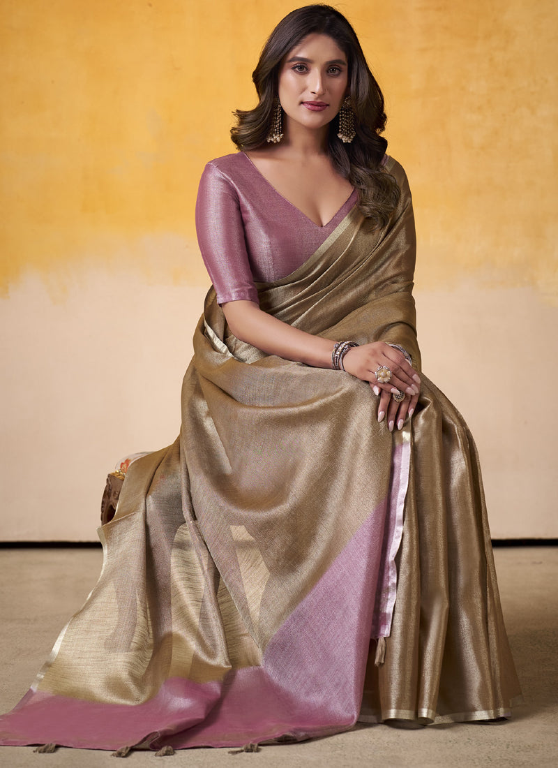 Chiku Tissue Silk With Beautiful Tussle On Pallu Casual & Office Wear Saree