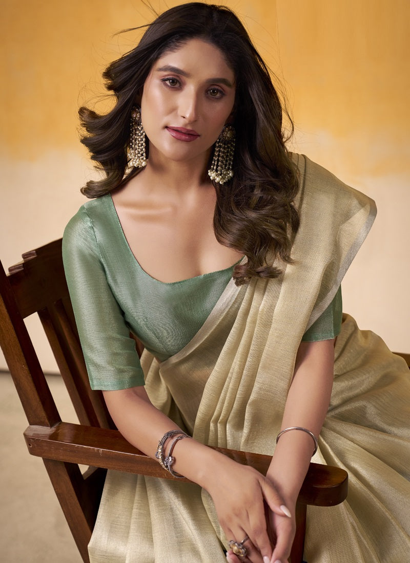 Beige Tissue Silk With Beautiful Tussle On Pallu Casual & Office Wear Saree