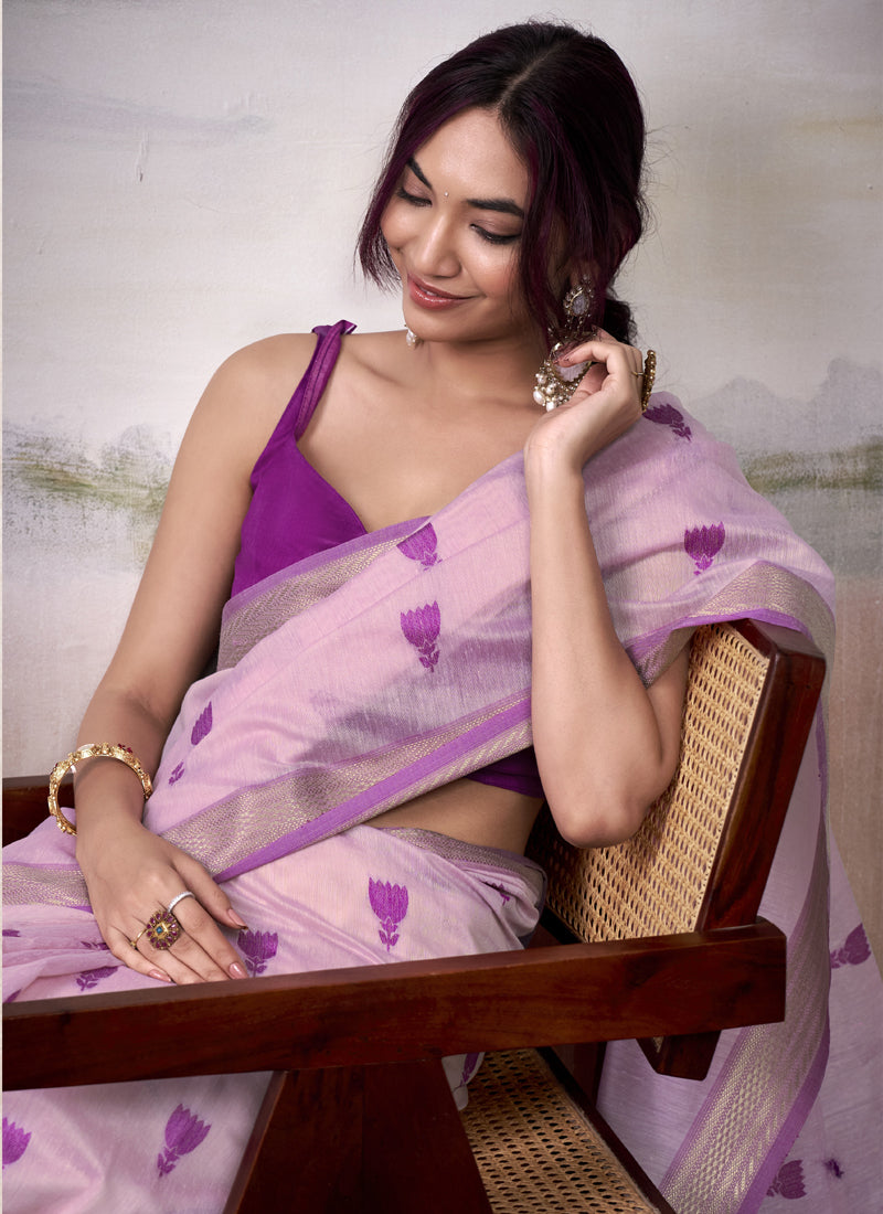 Light Pink & Purple Cotton Weaving Zari Border Casual Wear Saree