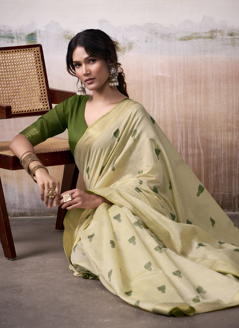 Beige & Olive Cotton Weaving Zari Border Casual Wear Saree