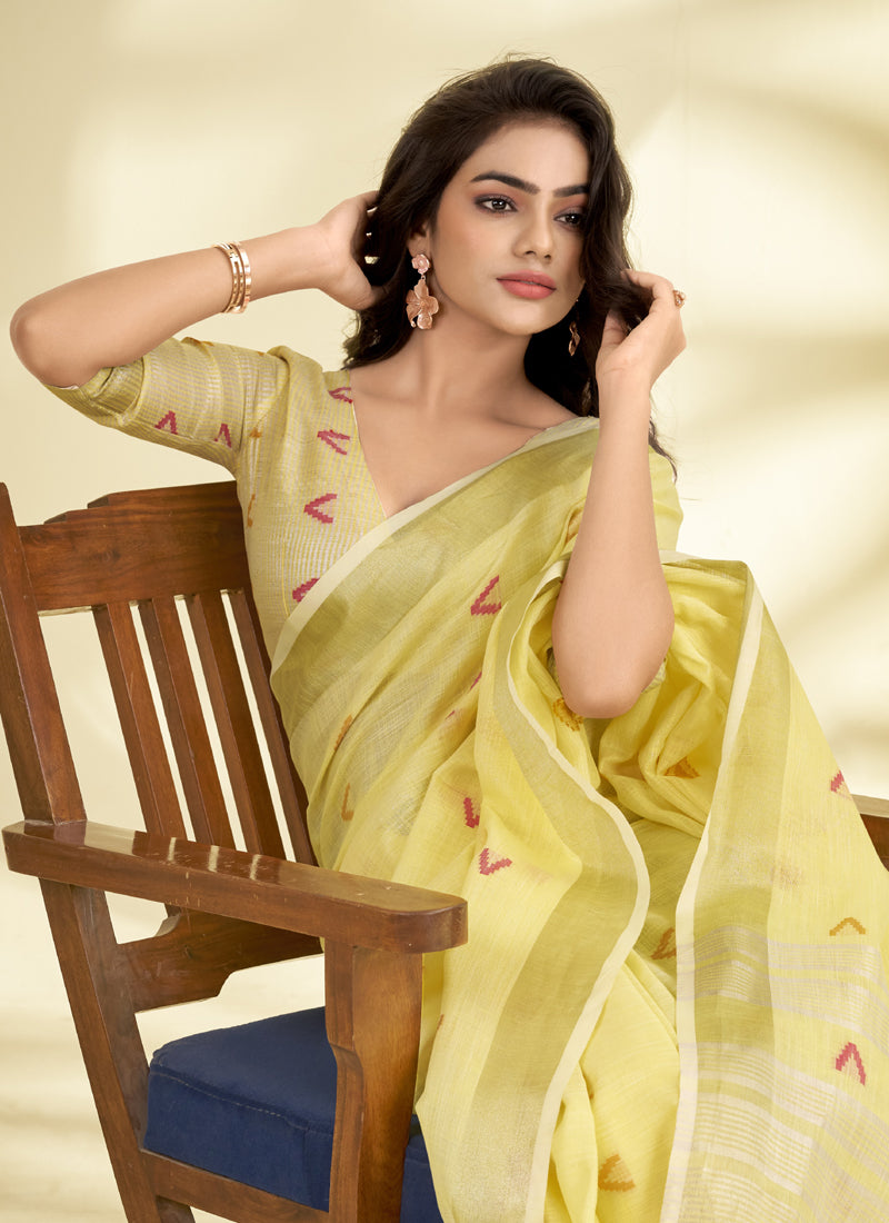Lemon Linen Beautiful Tussle On Pallu Casual Wear Saree