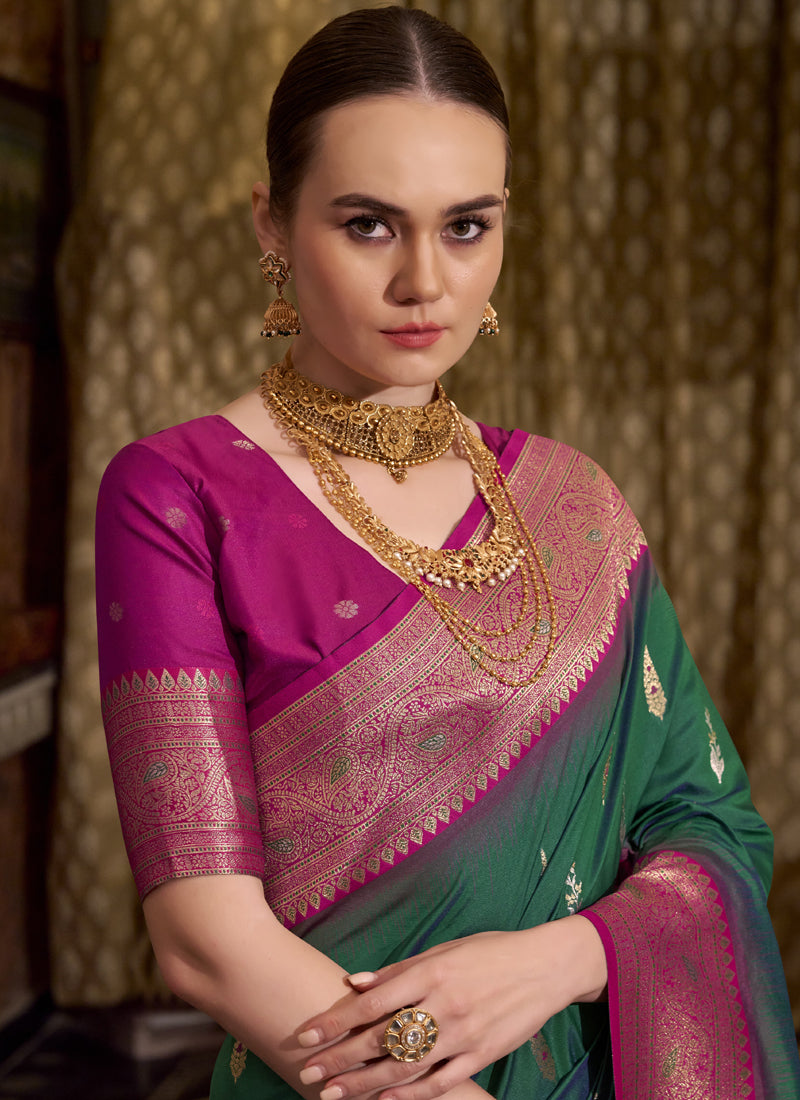 Green & Dark Pink Soft Silk Wedding Wear Sarees