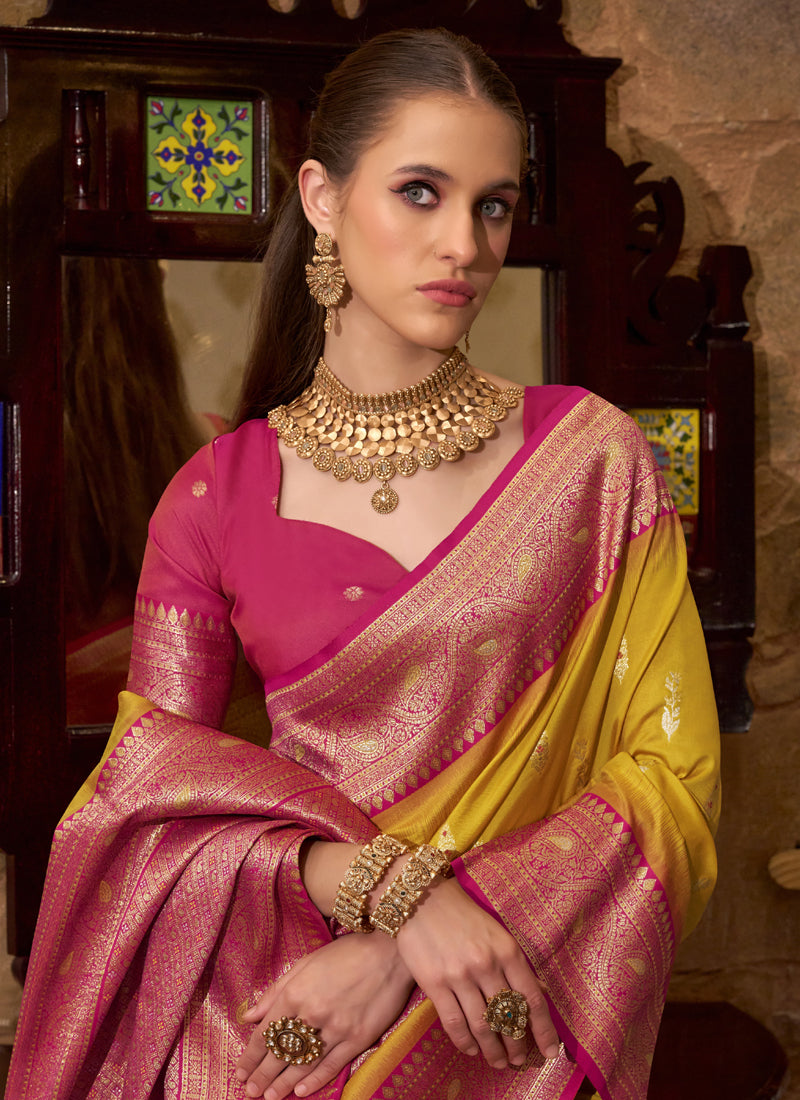 Mustard & Tomato Red Soft Silk Wedding Wear Sarees