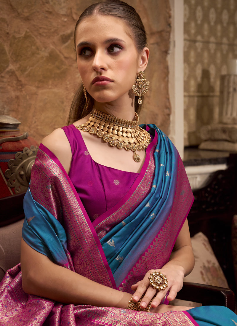 Peacock Blue & Dark Pink Soft Silk Wedding Wear Sarees