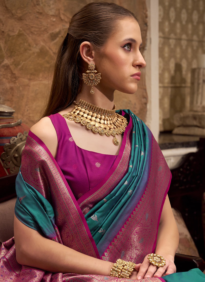 Peacock Green & Magenta Soft Silk Wedding Wear Sarees