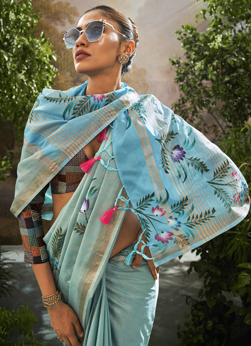 Sky Blue Soft Linen Tissue Kalamkari Blouse Casual Wear Saree