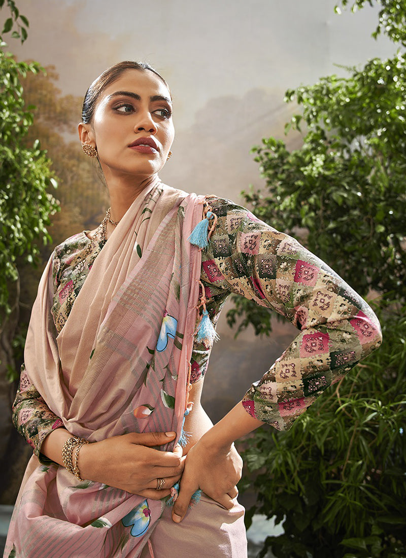 Light Peach Soft Linen Tissue Kalamkari Blouse Casual Wear Saree