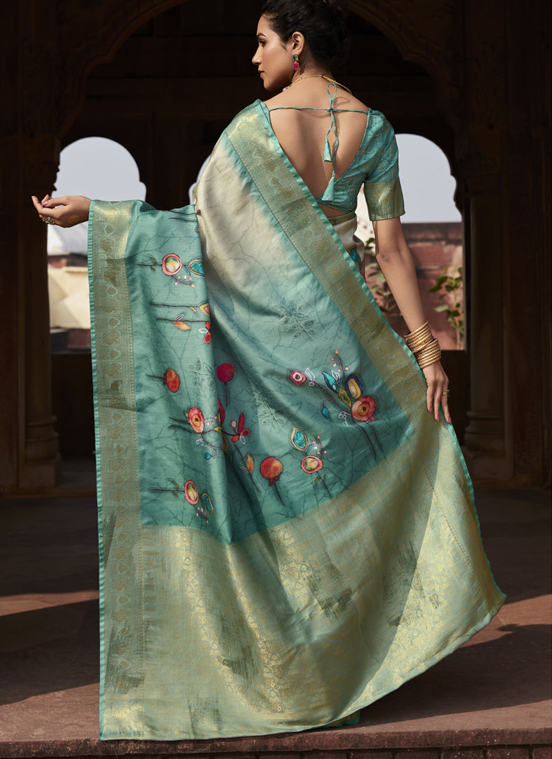 Off White & Turquoise Handloom Silk Digital Printed Casual Wear Saree