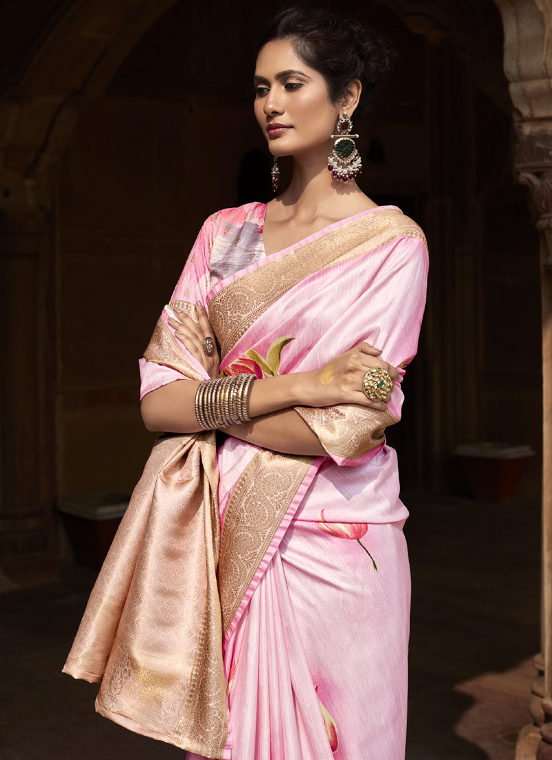 Baby Pink Handloom Silk Digital Printed Casual Wear Saree