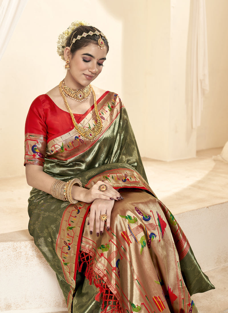 Olive & Red Tissue Paithani Silk Wedding Wear Saree