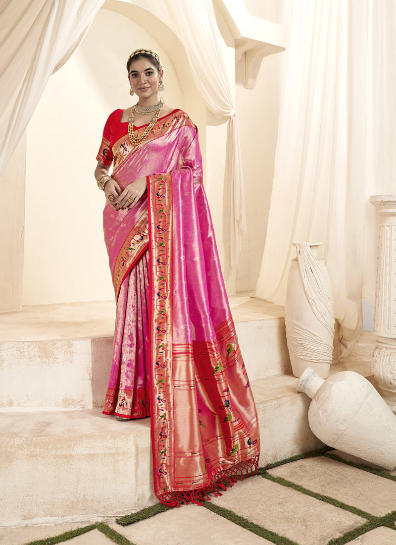 Pink & Red Tissue Paithani Silk Wedding Wear Saree
