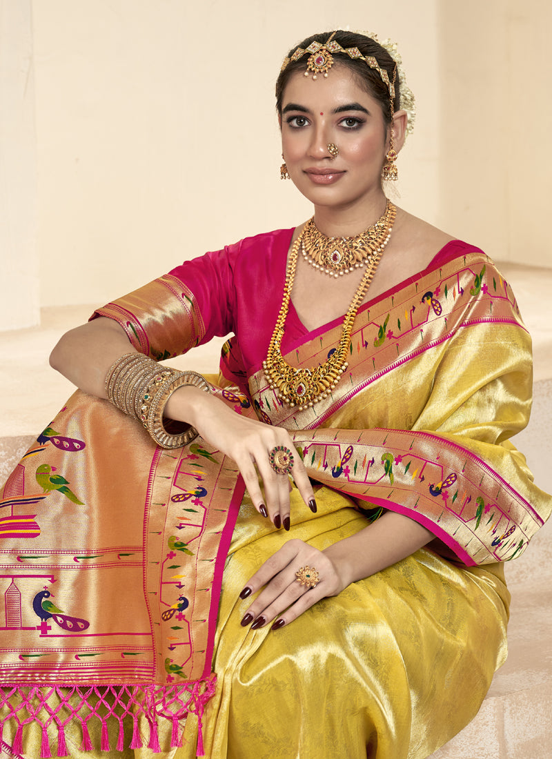 Cream & Pink Paithani Silk Wedding Wear Saree