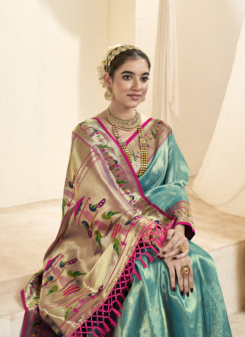 Sky Blue & Pink Paithani Silk Wedding Wear Saree