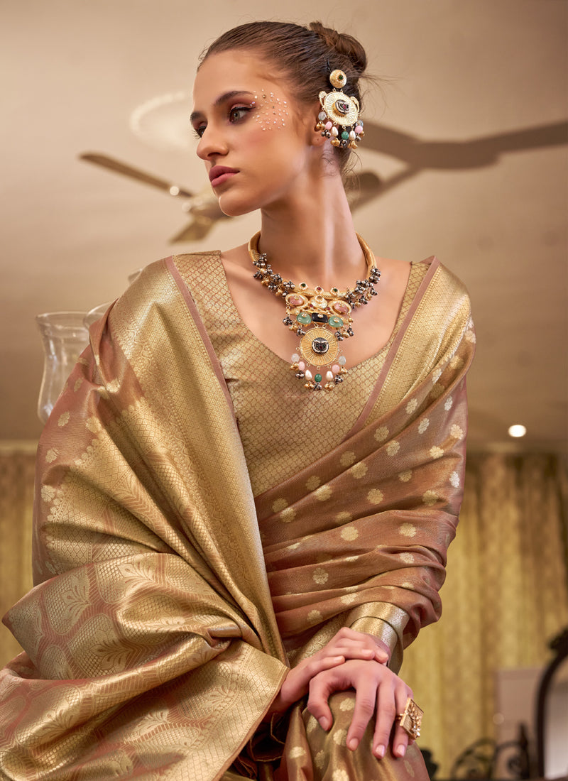 Bronze Zari Tissue Weaving Silk Wedding Wear Saree