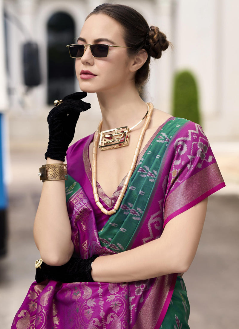 Green & Rani Pink Soft Silk Ikkat Design Casual Wear Saree