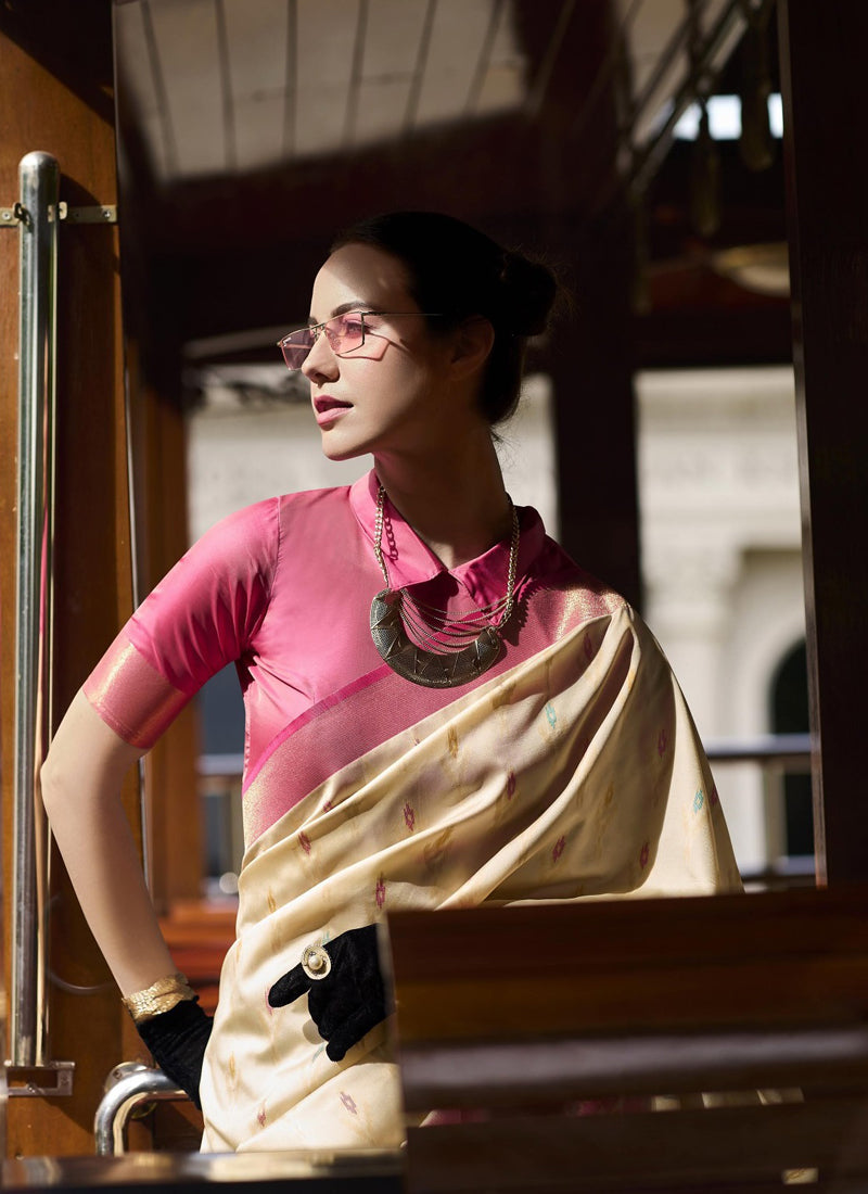 Beige & Pink Soft Silk Ikkat Design Casual Wear Saree