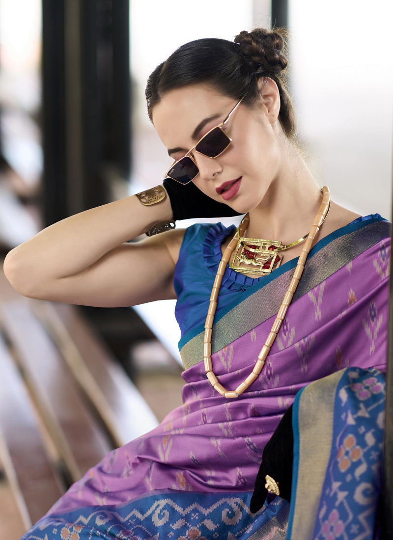 Purple & Blue Soft Silk Ikkat Design Casual Wear Saree