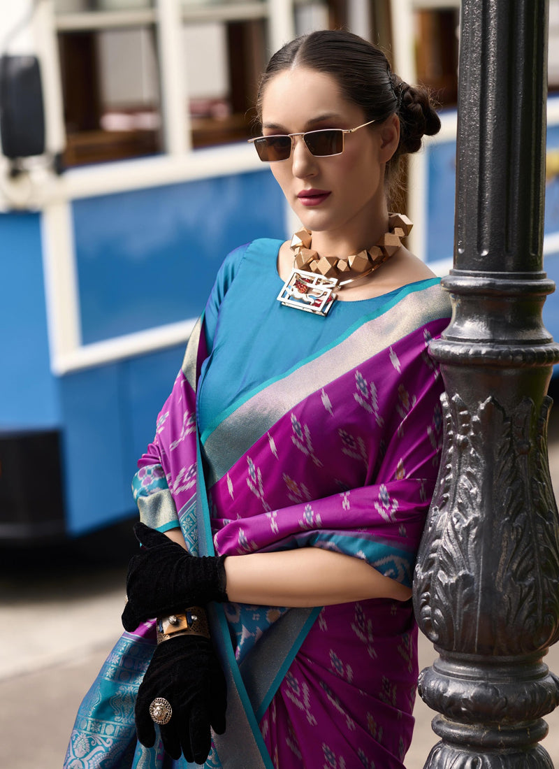 Magenta & Sky Blue Soft Silk Beautiful Ikkat Design Casual Wear Saree
