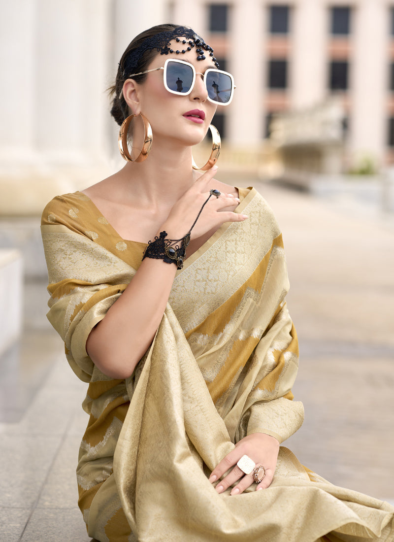 Mustard & Beige Cotton Linen Silk Golden Weaving Office Wear Saree