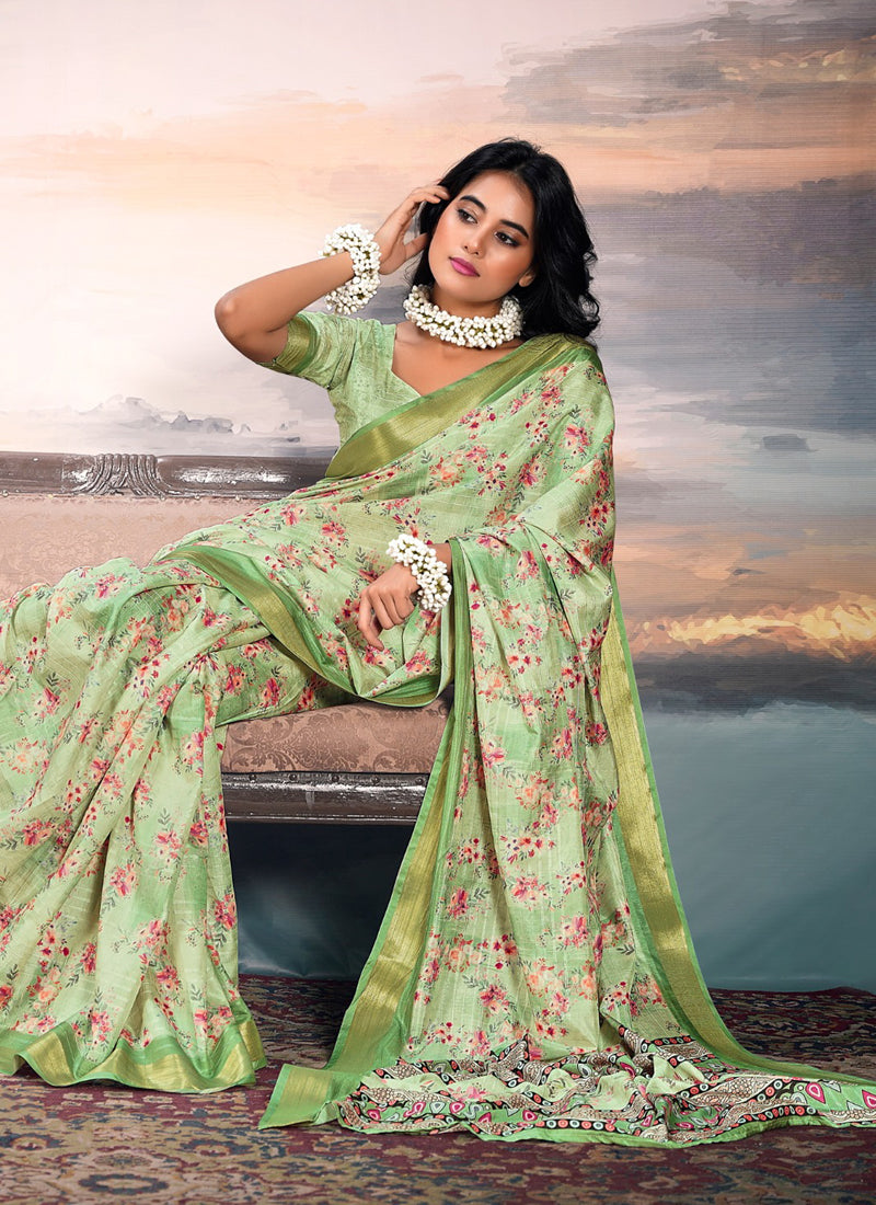 Parrot Green Cotton Silk Digital Flower Printed Casual Wear Saree