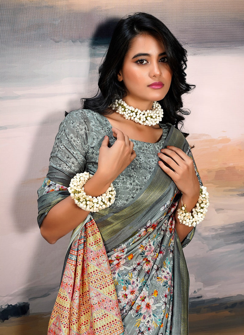 Gray Cotton Silk Digital Flower Printed Casual Wear Saree
