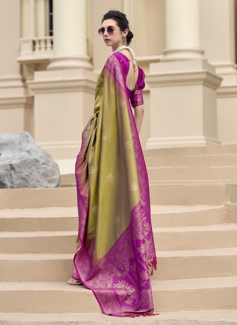 Mehndi & Pink Soft Silk Zari Tradtional Wear Saree