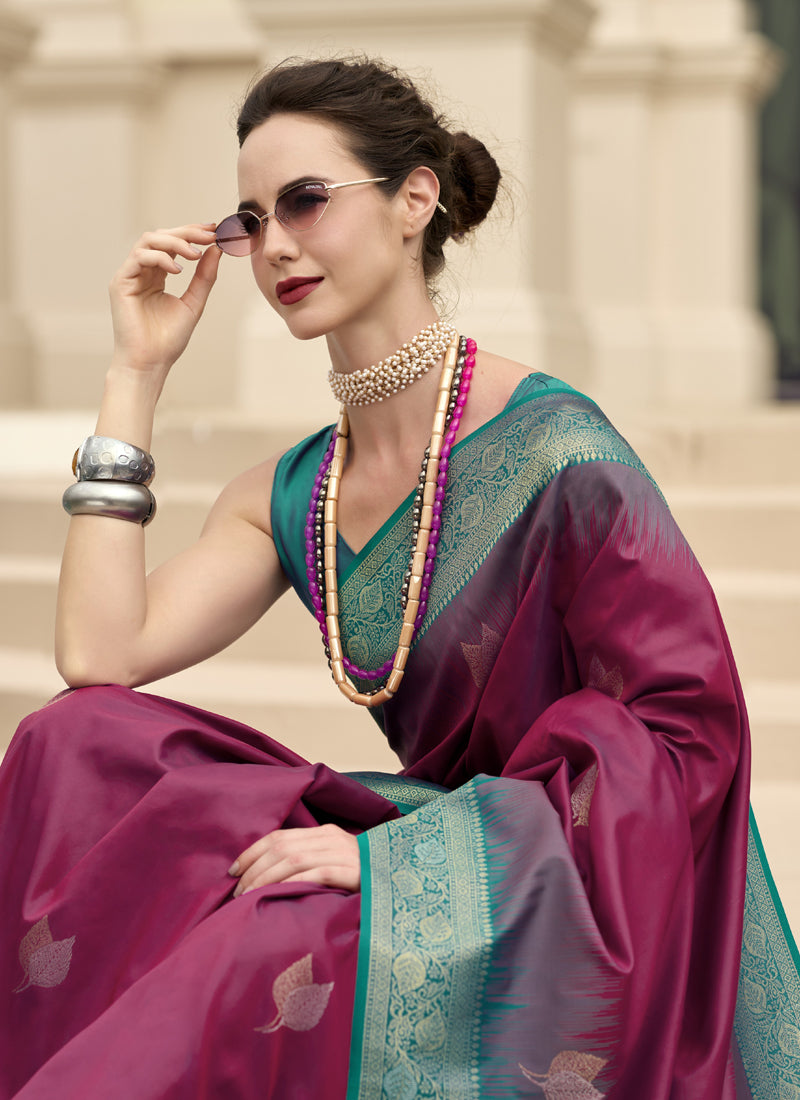 Peacock Blue & Wine Soft Silk Tradtional Wear Saree