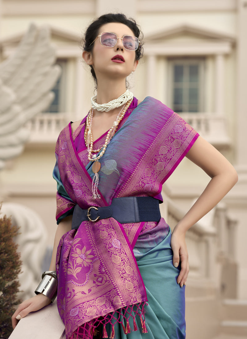 Magenta & Sky Blue Tradtional Wear Saree