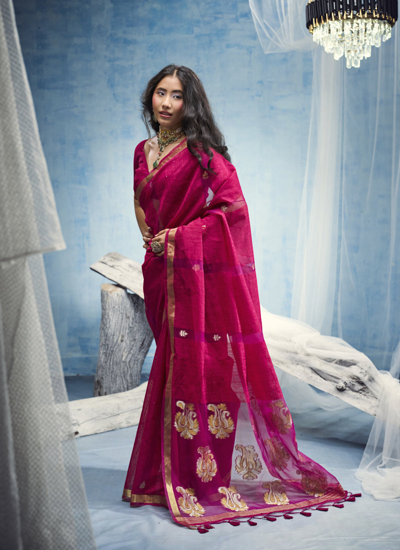 Pure Munga Silk Handloom Saree and Contrast Weaving Border with Organza Pallu