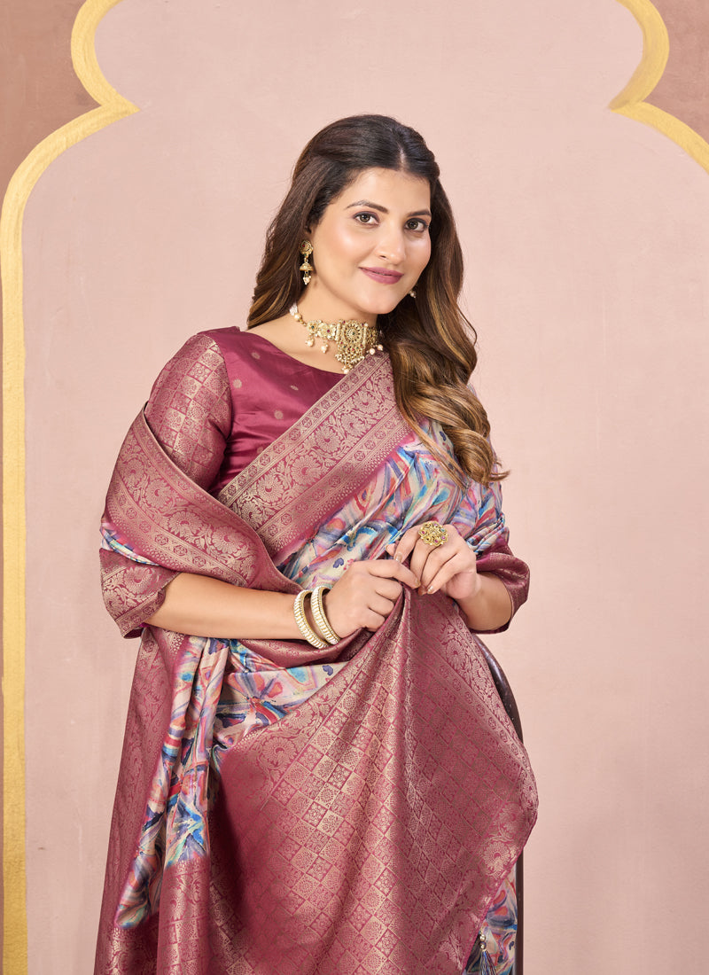 Gajari Tussar Silk Jacquard Abstract Digital Print Saree with Unstitched Blouse