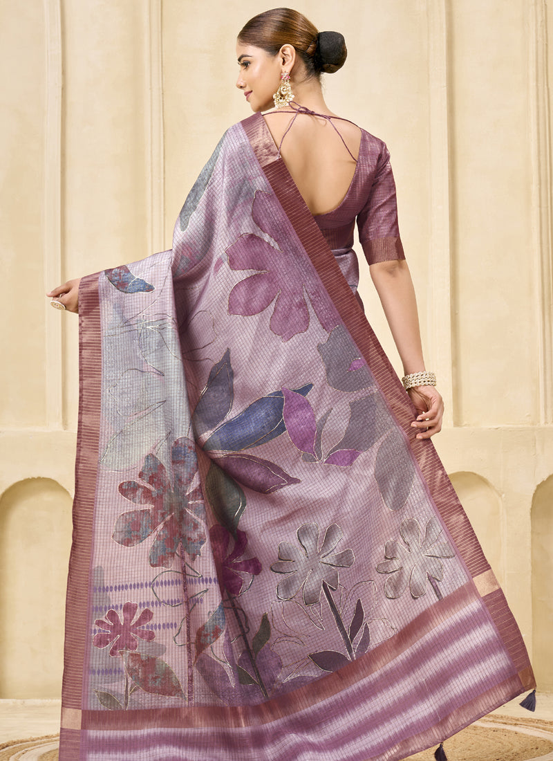 Mauve Signora Zari Silk Floral Digital Printed Casual Wear Saree.