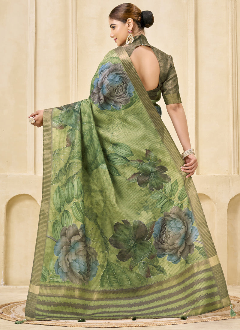 Green Signora Zari Silk Floral Digital Printed Casual Wear Saree.