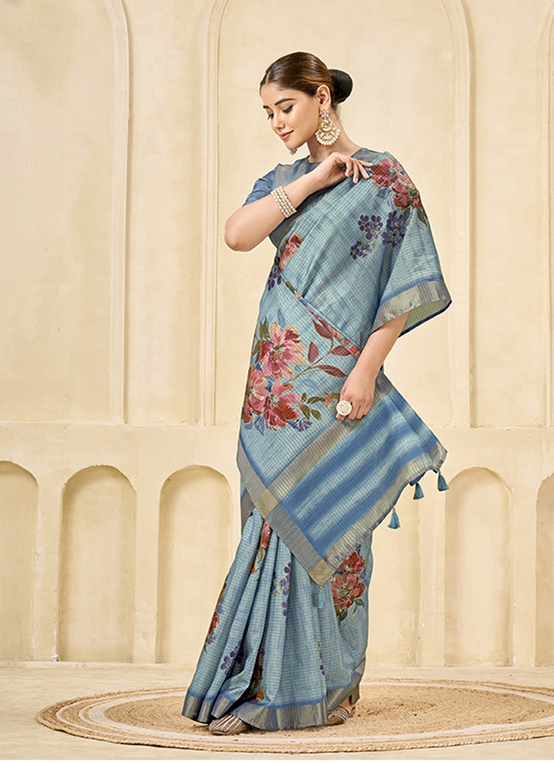 Sky Blue Pink Signora Zari Silk Casual Wear Saree.