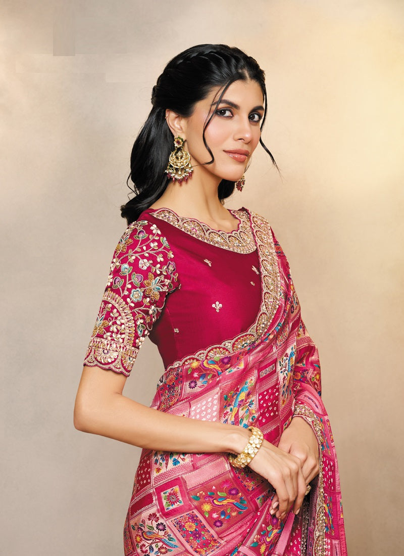 Rasberry Gajji Jacquard Silk Multi Embroidery With Hand Work Heavy Designer Saree