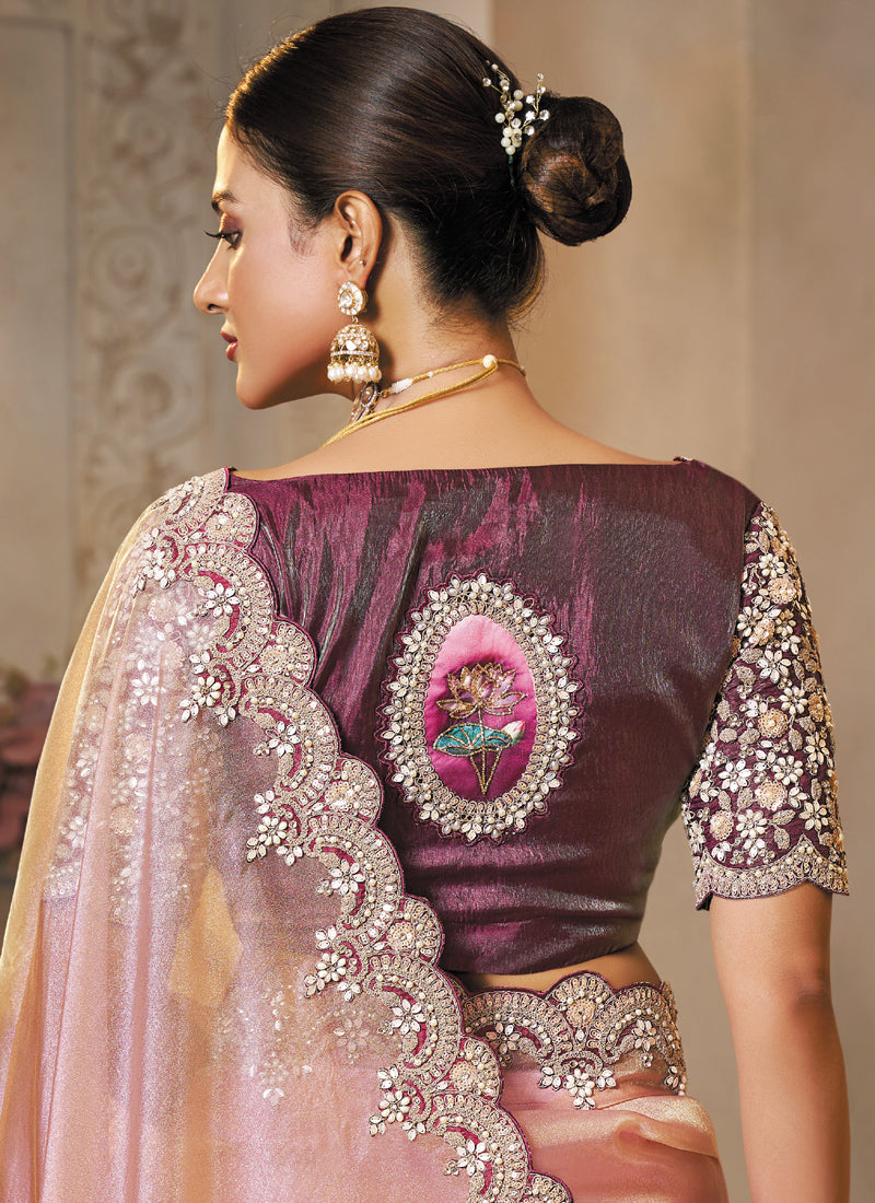 Baby Pink Zari Organza Sequence Embroidery With Stone Heavy Designer Saree