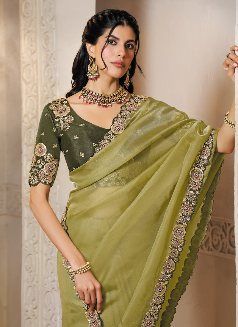 Mehndi Organza Satin Dual Sequence Embroidery With Handwork Heavy Designer Saree