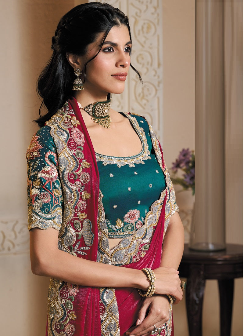 Rani Pink Satin Silk Multi Threads Embroidery & Hand Work Heavy Designer Saree