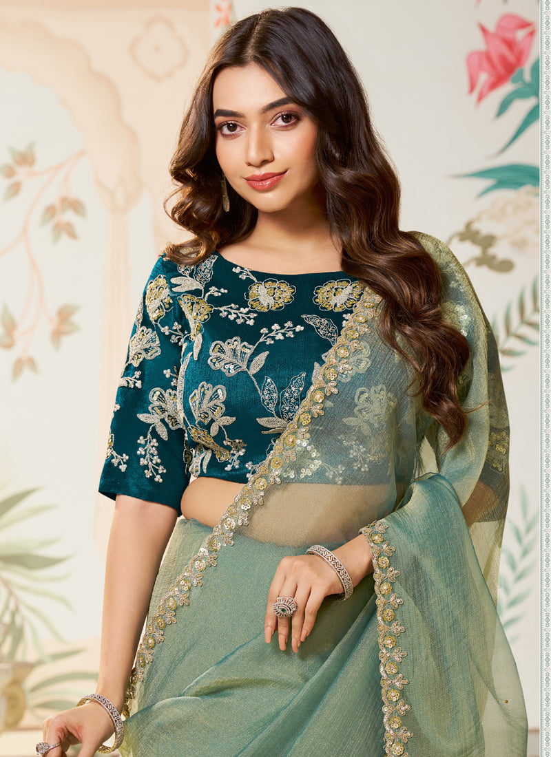 Light Turquoise Organza Silk Designer Blouse Party Wear Saree