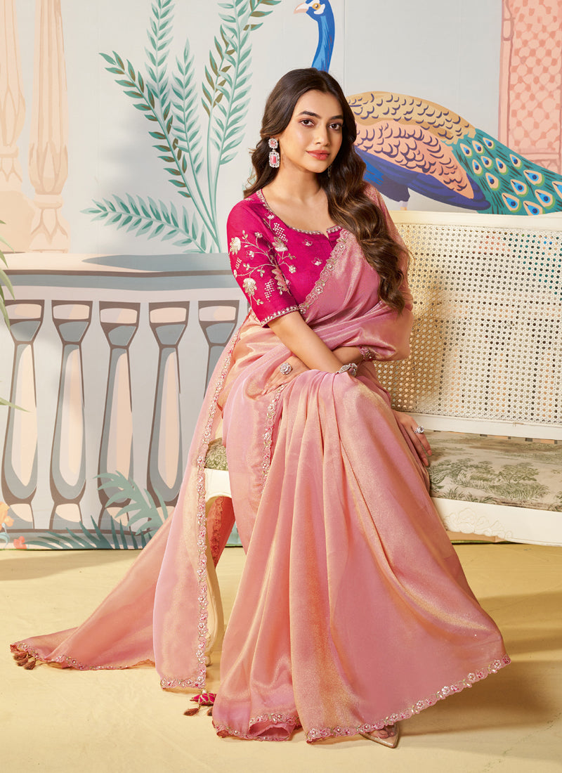 Baby Pink Organza Silk Designer Blouse Party Wear Saree