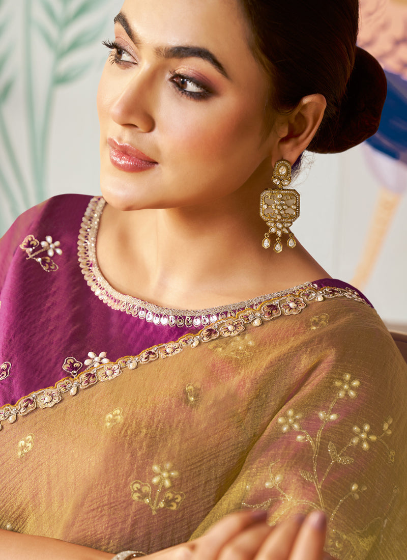 Golden Organza Silk Designer Blouse Party Wear Saree