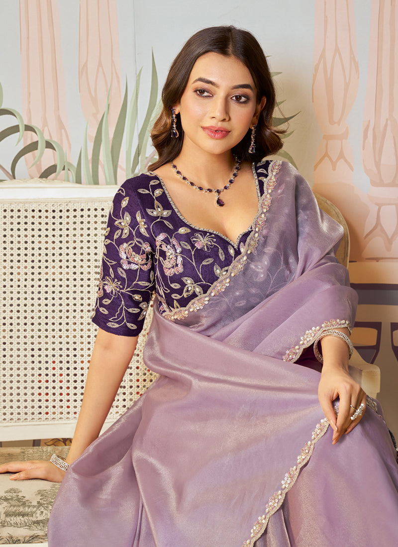 Lavender Organza Silk Designer Contrast Blouse Party Wear Saree