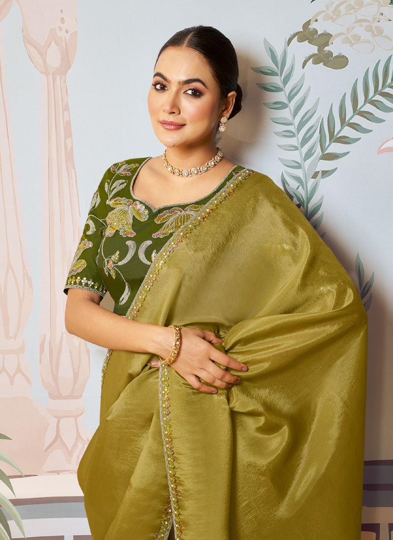 Mehndi Satin Silk Designer Contrast Blouse Party Wear Saree