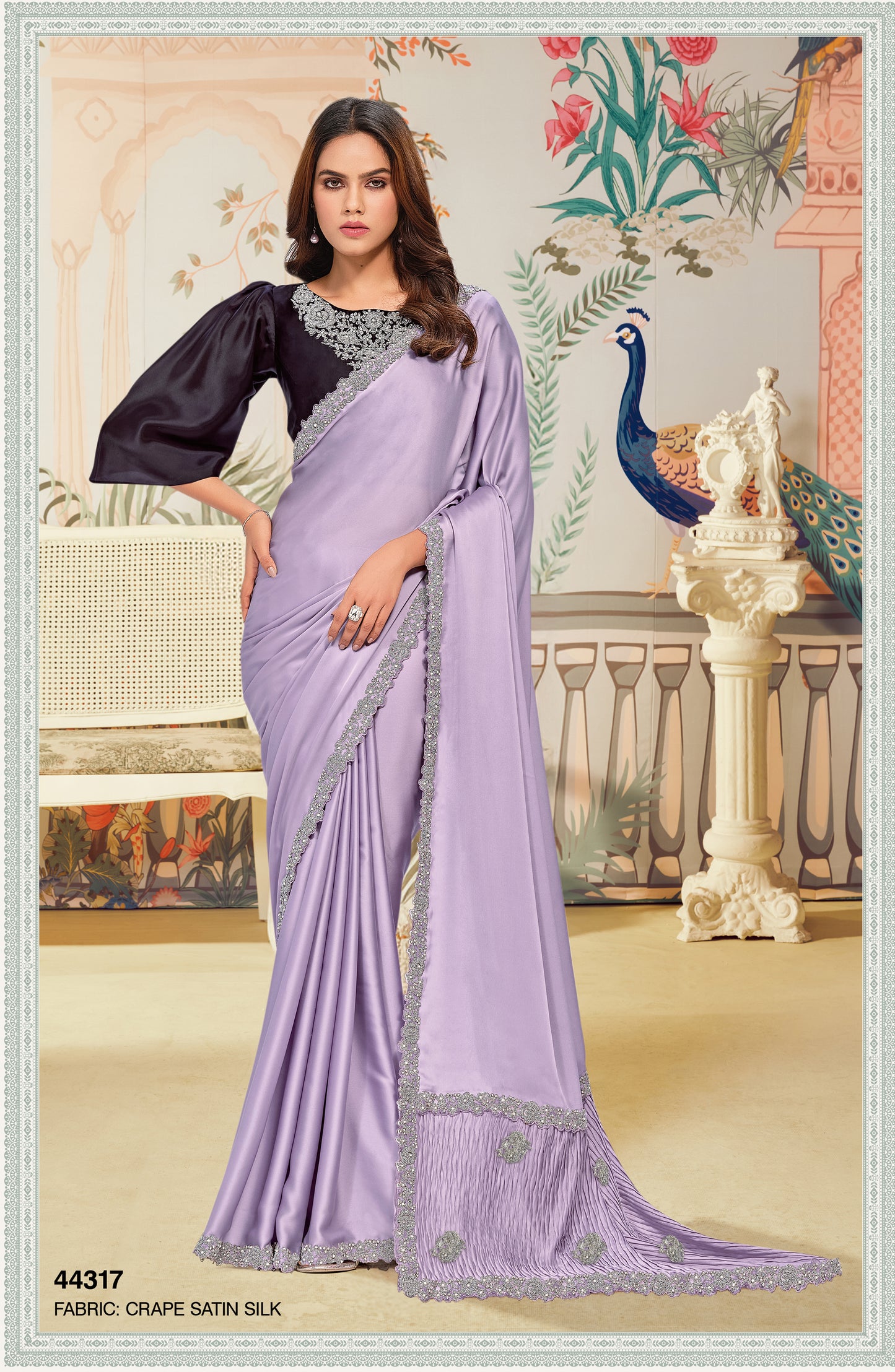 Lavender Crape Satin Silk Designer Contrast Blouse Party Wear Saree