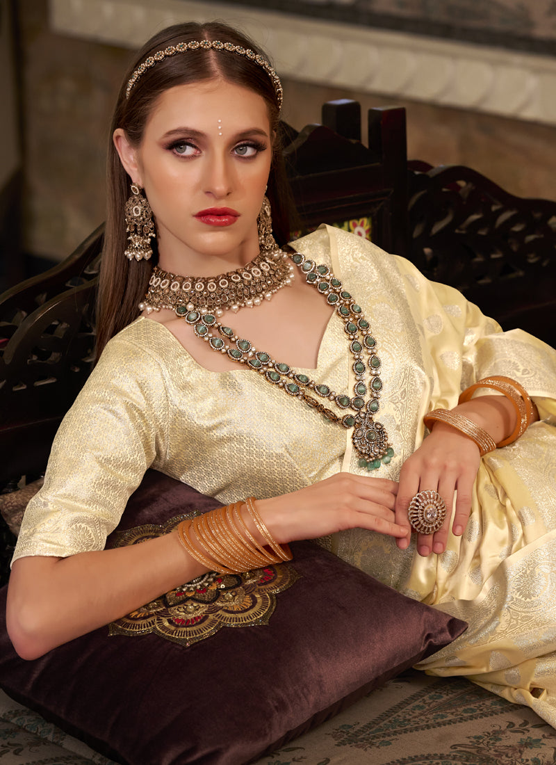 Off White Soft Satin Silk Silver Weaving Traditional Wear Saree