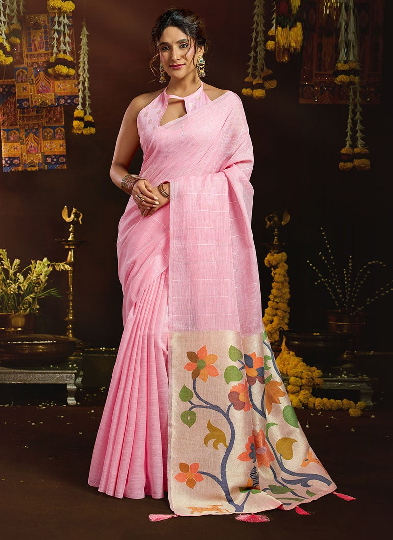 Linen Sequin With Jacquard Pallu & Pom-Pom Casual Wear Saree