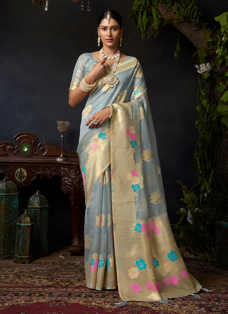 Organza Khadi Saree with Elegant Jhallar Detailing