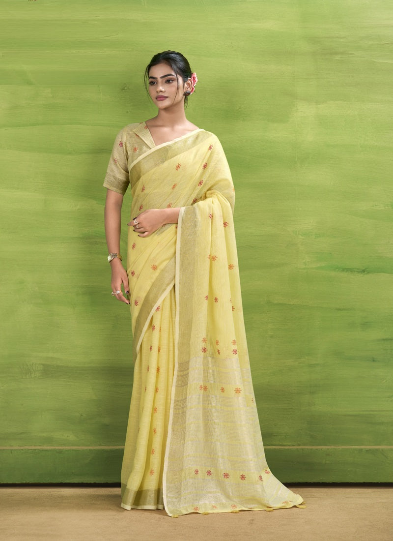 Lemon Linen Beautiful Tussle On Pallu Casual Wear Saree