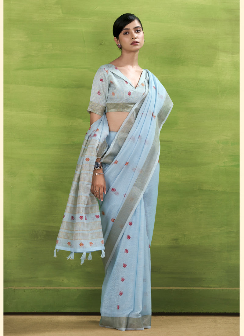 Sky Blue Linen Beautiful Tussle On Pallu Casual Wear Saree