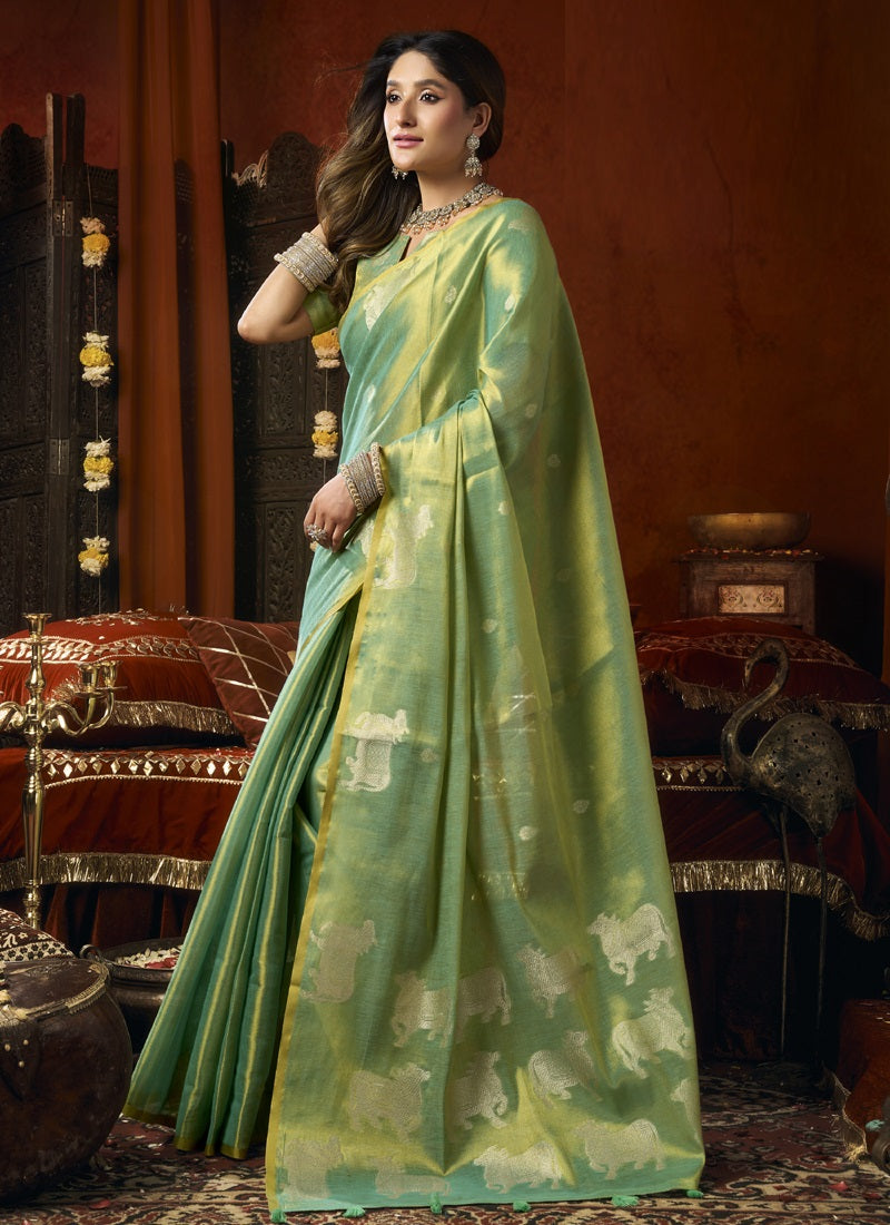 Heavy Tissue with Allover Cow Butta & Fancy Tassels Festival Wear Saree