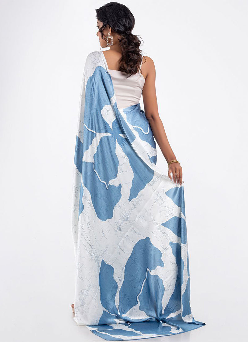 Aqua blue Original Japan Devsena satin Saree Japan Satin Digital Print Blouse